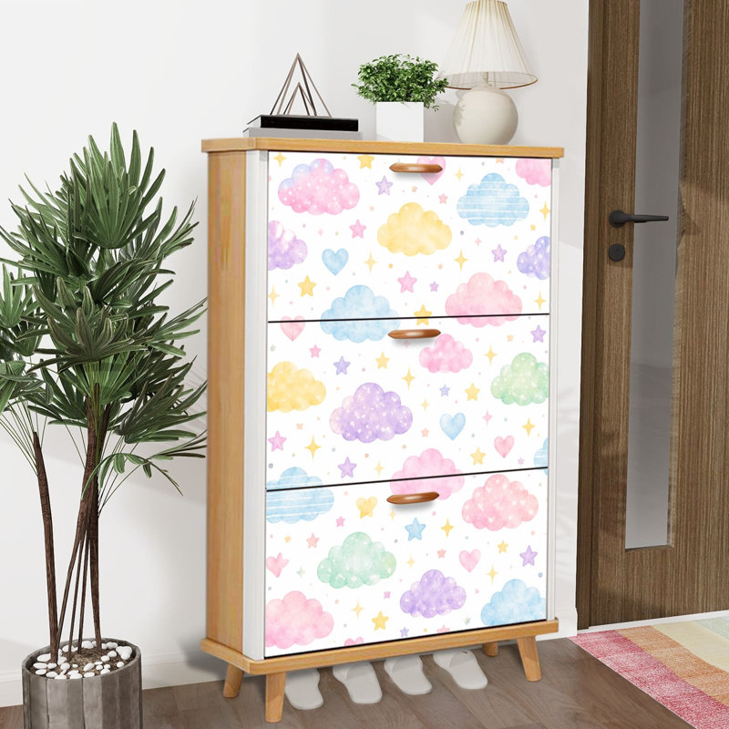 Shoe Storage Cabinet with 3 Flip Drawers for Pastel Watercolor Clouds Stars Hearts Shoe Rack Storage Organizer