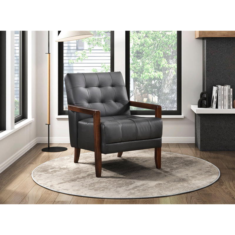 Chaise d'appoint contemporaine en cuir 100% gris foncé, coquille de contreplaqué et pieds en cuir avec finition en noyer