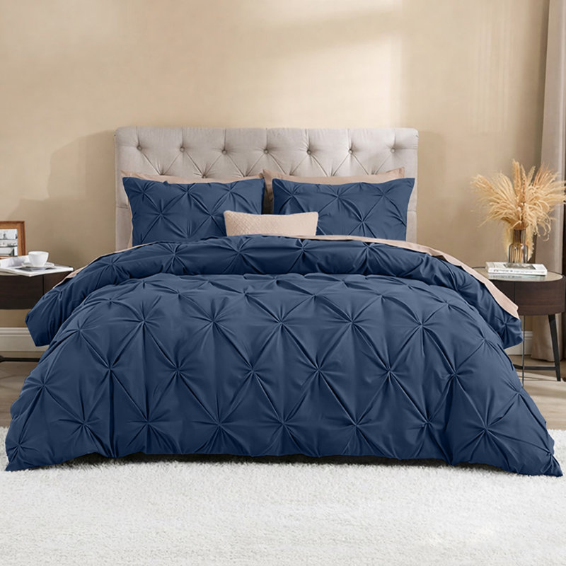  Luxurious Microfiber Pintuck Design Duvet Cover With Pillowcases , Single Duvet Cover + 1 Standard Pillowcase, Navy