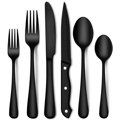 48-Piece Black Silverware Set with Steak Knives, Heavy Duty Black Flatware Set for 8, Food-Grade Stainless Steel Tableware Cutlery Set, Black Utensil Sets for Home Restaurant, Mirror Finish
