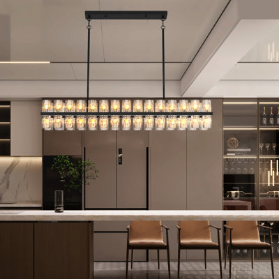 Rectangulaire moderne en cristal pour salle à manger, cuisine, hôtel. Cadre noir avec cristaux K9, hauteur réglable, 30 W 3, 120 V, 2 700 K blanc chaud haut de gamme et transparent. Industriel