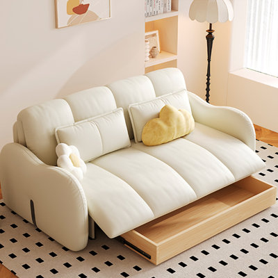 78.74" Cream-style Off-white Leather Power Sofa Bed