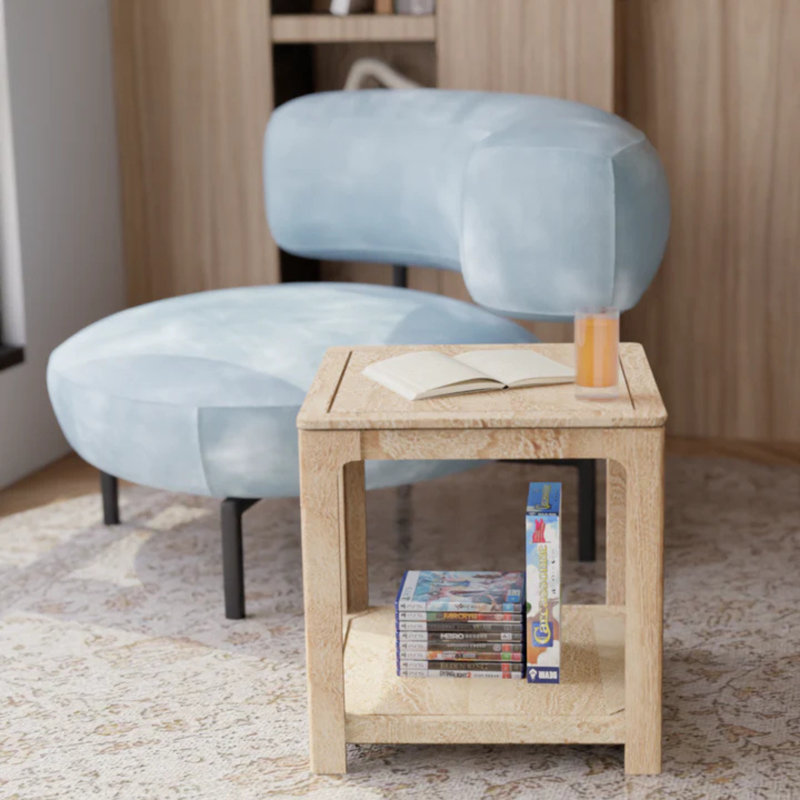 Table de bout carrée en bois massif de 24 po avec tablette de rangement ouverte - bois de manguier sablé Greige, table d'appoint de style campagne moderne