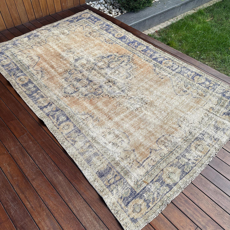 Tapis turc rétro en laine brun - parfait pour une utilisation en salon de taille 5 x 8