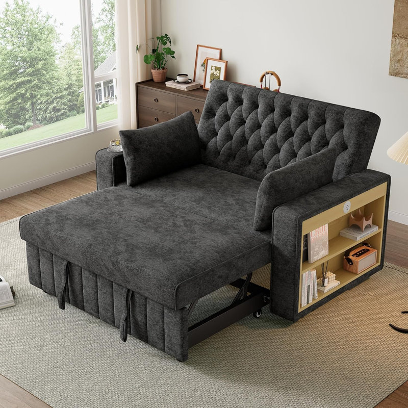 Jaxenor 2 Seater Sofa Bed, Pull Out Sofa Bed with Storage, Chenille Sleeper Sofa with USB Charging Port, Folding Double Sofa Bed for Living Room, Bedroom and Guest Room