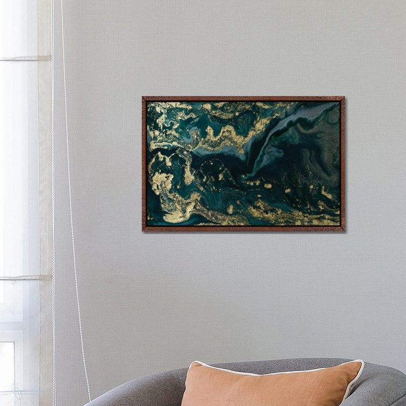 Gold Waves Marble - Print on Canvas, Classic Brown Wood Framed, 20.32 cm H x 30.48 cm W