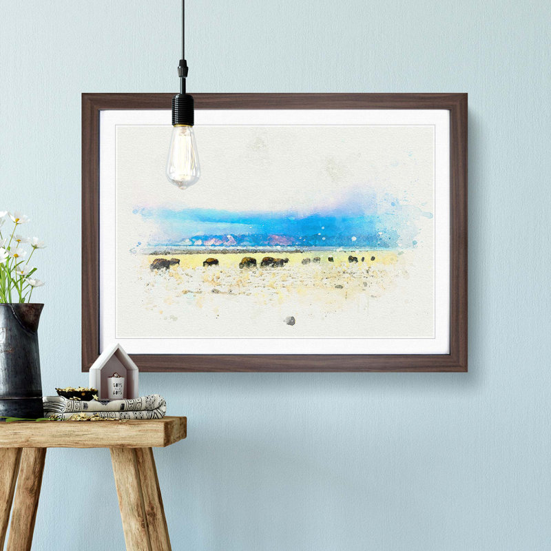 Grazing Bison in Utah in Abstract - Picture Frame Graphic Art Print, Walnut Framed, 36cm H x 48cm W x 2cm D
