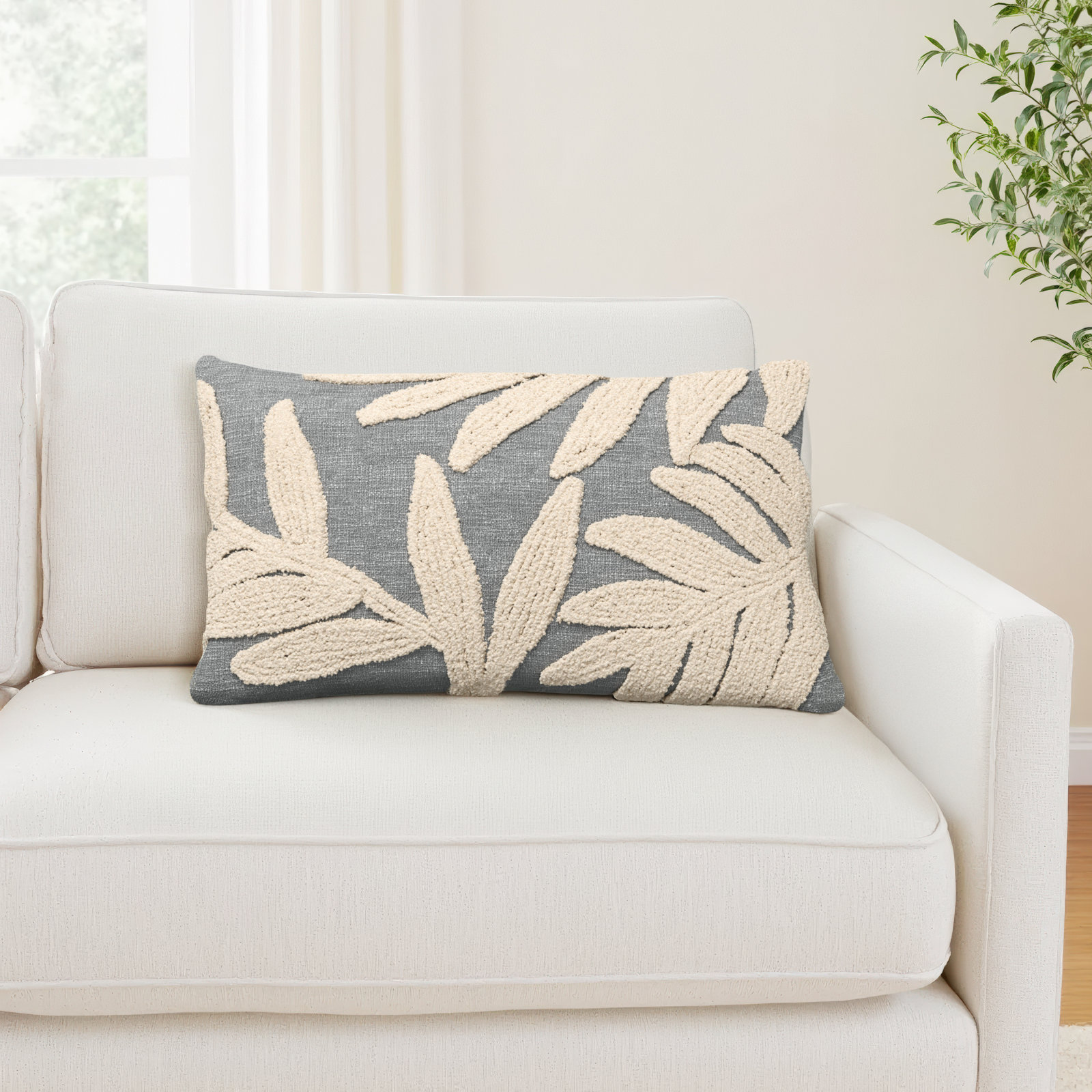 Francie Embroidered Cotton Lumbar Throw Pillow, Gray