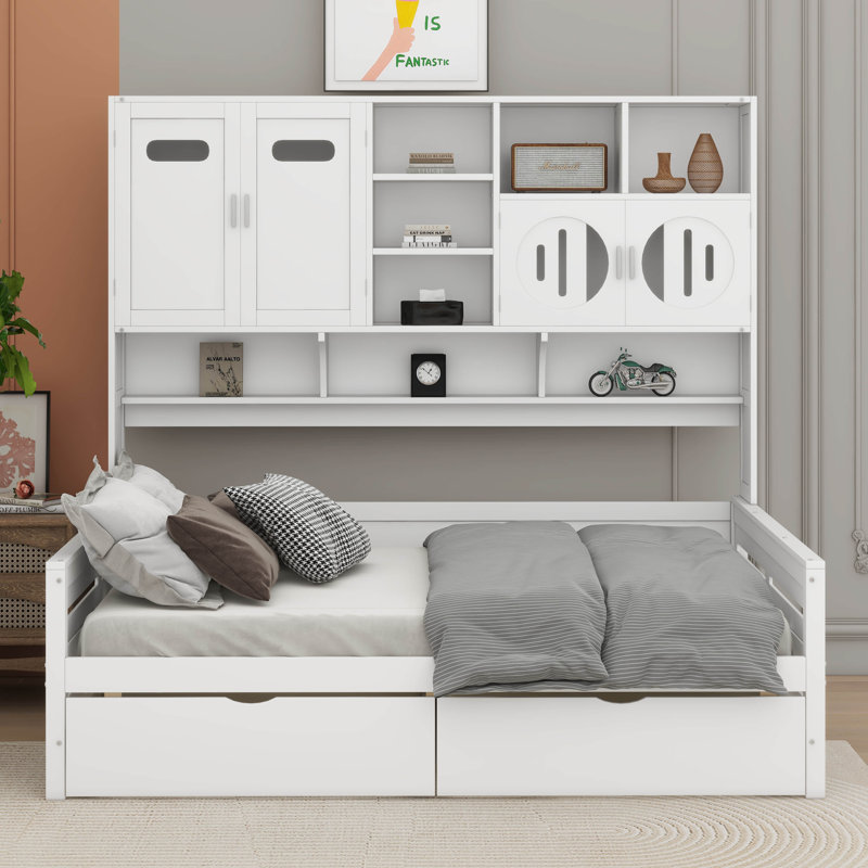  Lit de jour en bois Chaille avec 2 tiroirs, armoire et tablette tout-en-un, Double, Blanc