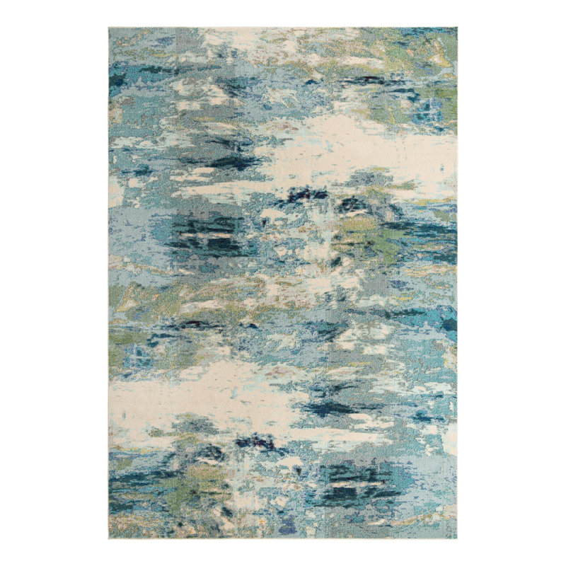 Tapis bleu clair tissé à la machine à motif abstrait Keimar, Rectangle de 10 pi x 14 pi