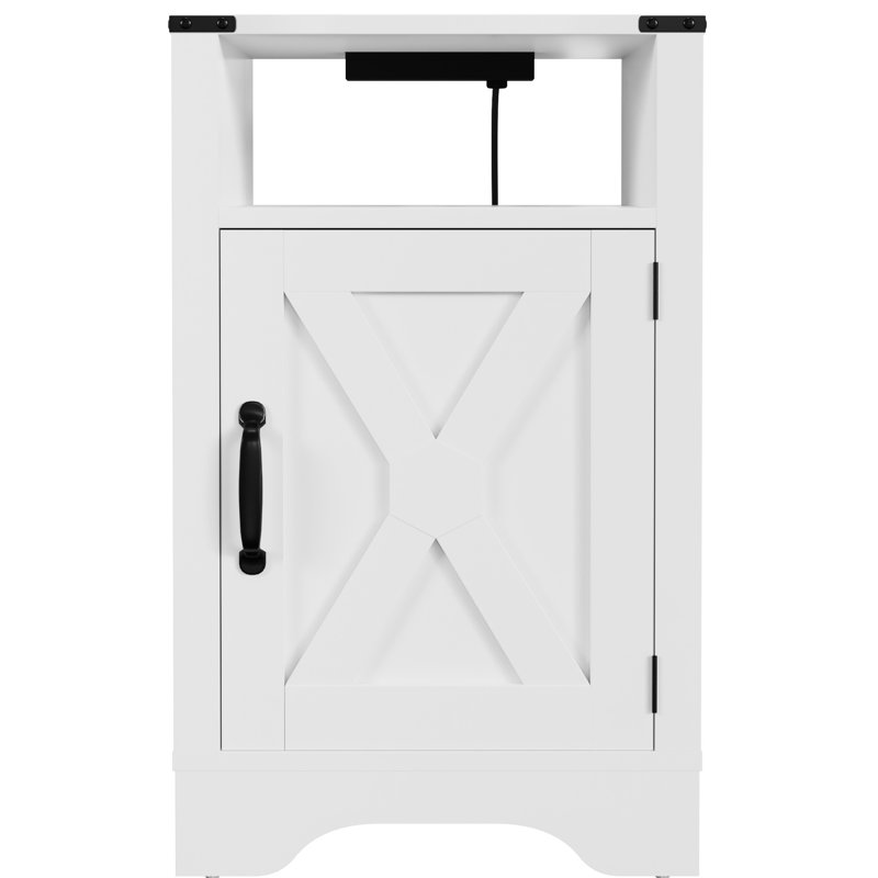 Table d'appoint avec fonction de charge électrique - blanc. Vaste espace de rangement, table de chevet blanche, station de style rustique, compartiment de rangement, charnières en métal
