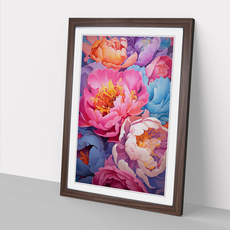 Peony Flower Colour Field - Single Picture Frame Print on Wood, Walnut Framed, 34cm H x 25cm W x 2cm D