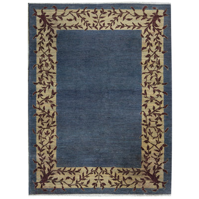 Tapis bleu et beige noué à la main de haute qualité