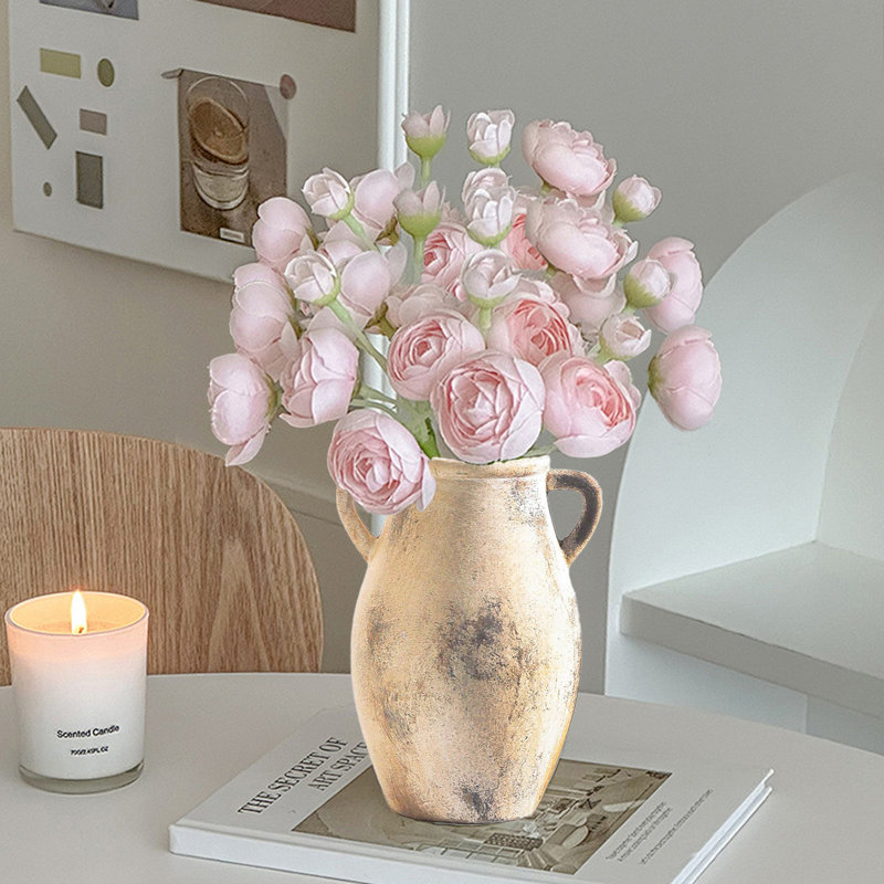 Farmhouse Flower Vase With 2 Handles,Decorative Ceramic Flower Vase For Home Decor, Beige
