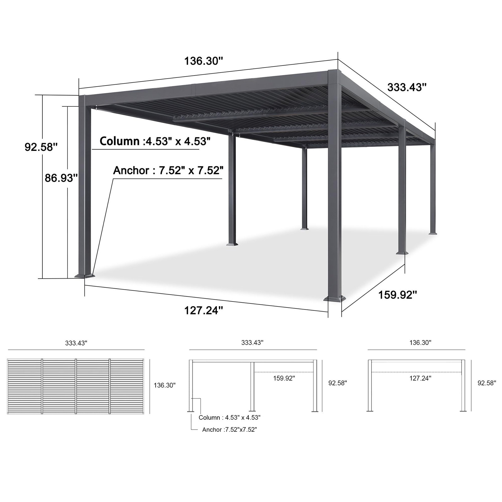 Aluminum Louvered Pergola, 92.58"H x 333.43"W x 136.30"D