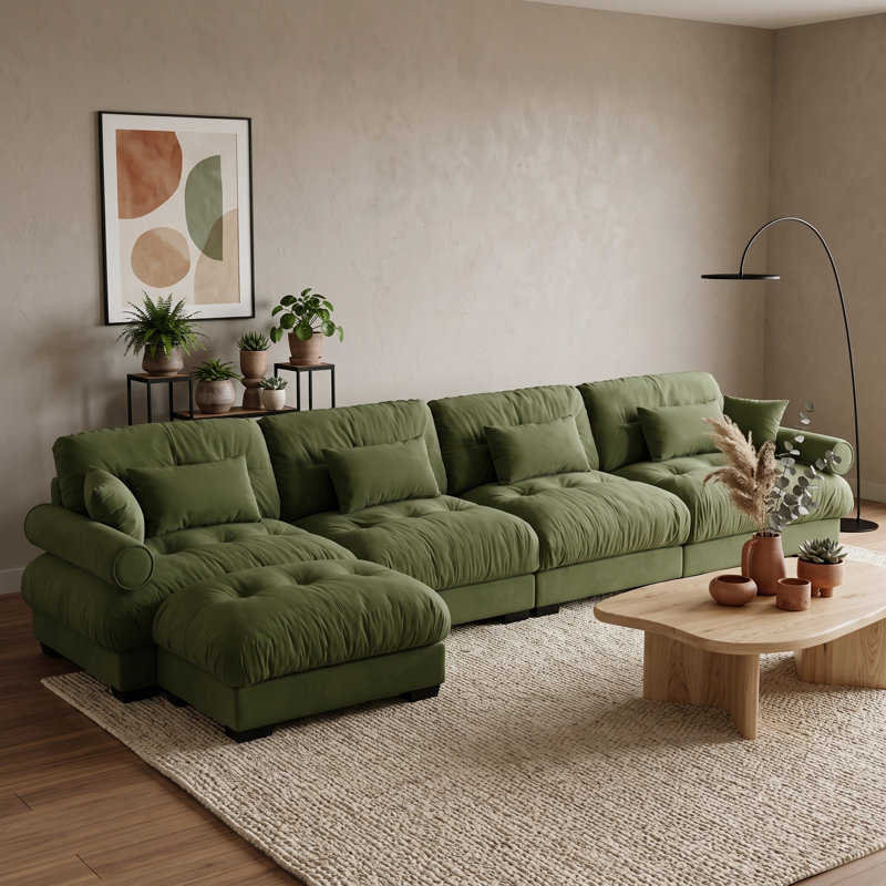 Canapé modulaire 4 places en velours vert, avec pouf amovible, coussins de dossier et traversins., 4 Seat+1 Ottoman