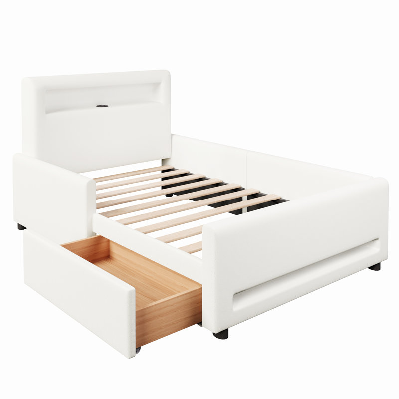 Lit plateforme tapissier simple avec tiroir, bande lumineuse à DEL, port USB, blanc, Lit simple, Blanc