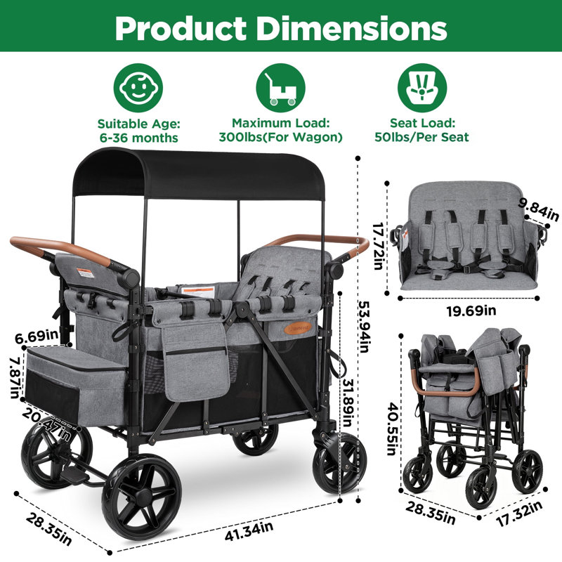 Wagon de plage pliable à 4 places avec auvent et harnais à 5 points, 4 sièges, Gris