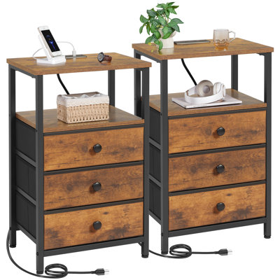 Table de chevet 24,88 "avec 3 tiroirs et station de charge, ensemble de 2
