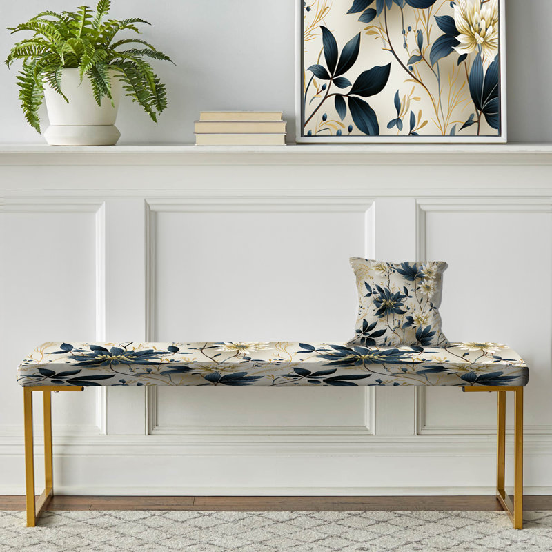 Floral Upholstered Gold Bench, Cream/Navy
