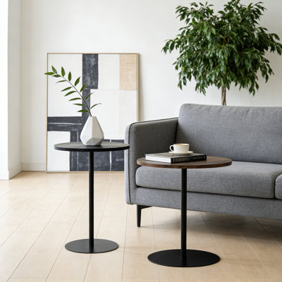 2 petites tables d'appoint rondes pour salon 2 pièces, tables d'appoint étroites, plateau en bois et base en métal