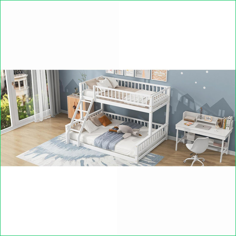 Lit superposé simple au-dessus de grand lit en pin avec garde-corps et amp; Échelle, aucun sommier requis, blanc