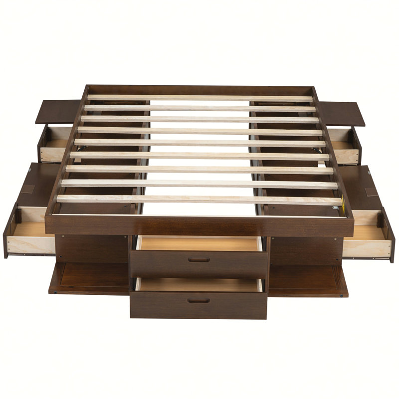 Base de lit plateforme de rangement avec plusieurs tiroirs et tablettes sans sommier, Noyer, Double