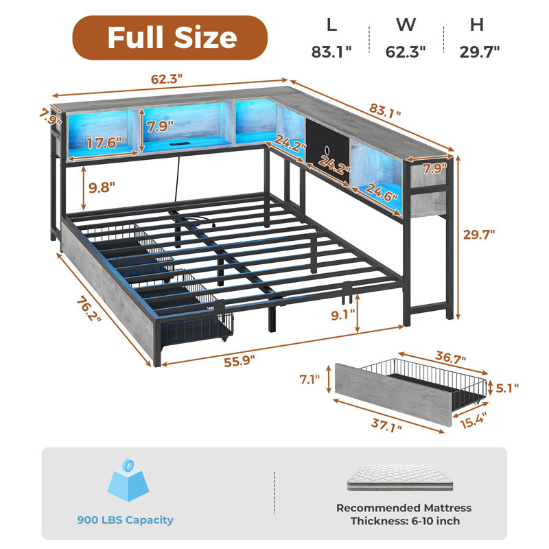 Lexiann Corner Bed with LED lights and charging station, modern bed with bookcase and 2 under bed storage drawers, no boxes/noise required modern sofa bed