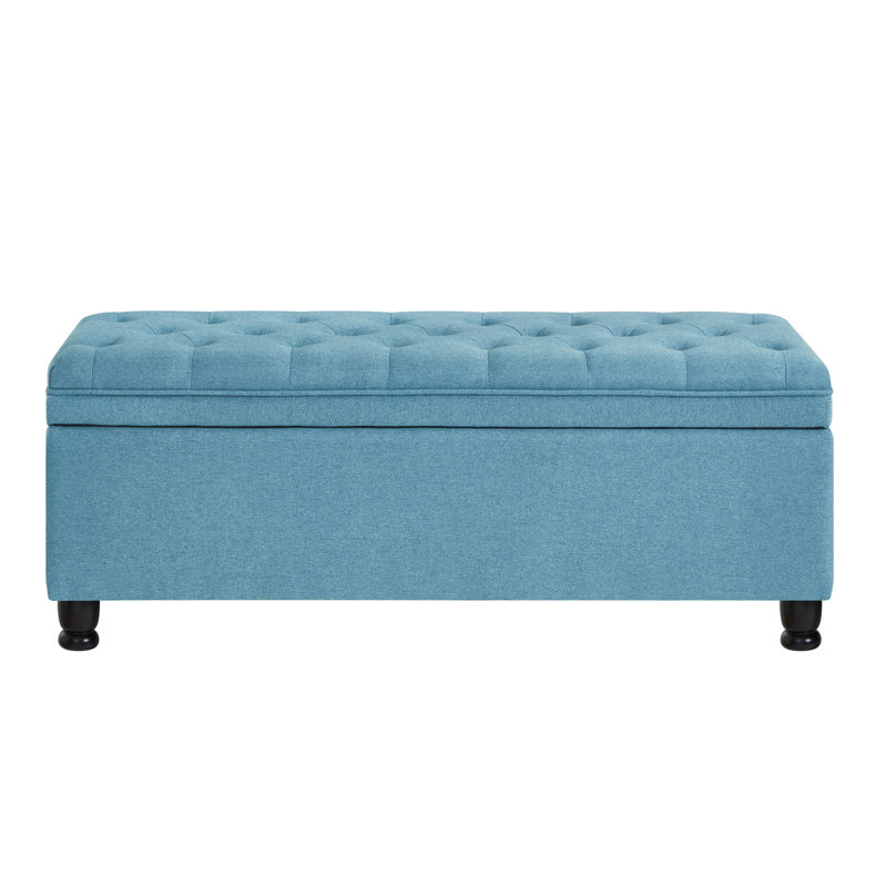 2-Seat 45 Inch Tufted Upholstered Storage Bench With Lidded Storage Natural Wooden Legs Linen Deep Blue, Blue