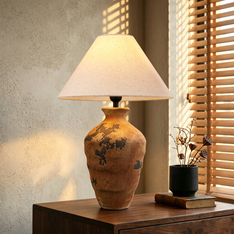Lampe de table en céramique brun rouille de 58 cm (23 po) avec texture d'argile vieillie, lampe de chevet style vase bouteille vintage pour salon, chambre, entrée (ampoule non incluse)