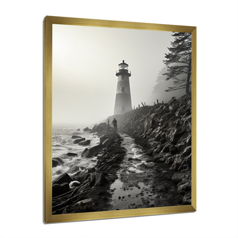 Phare Bansemer noir et blanc avec horizon brumeux, H 32 po x l 24 po x P 1 po, Encadrement doré