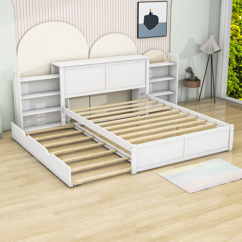 Blome Wooden Platform Bed with Pull Out Shelves and Trundle, Queen
