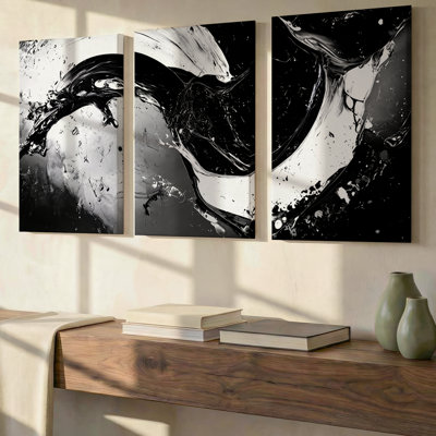 3 Pieces Exculisive Black and White Abstract Large Wall Art Dramatic Fluid Wave Splash Canvas Art, Canvas Decor for Living Room, Bedroom and Office