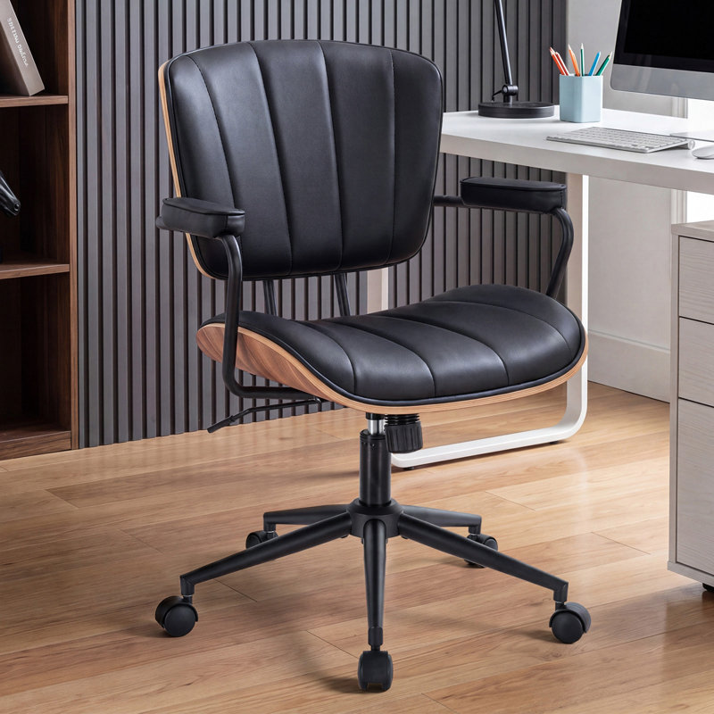 Upholstered Swivel  Office Chair, Black, Fixed Backrest