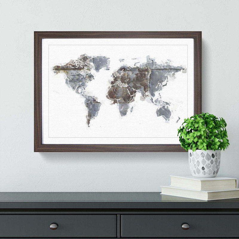 Rusted World Map in Abstract - Picture Frame Painting Print, Walnut, 40cm H x 60cm W x 2cm D