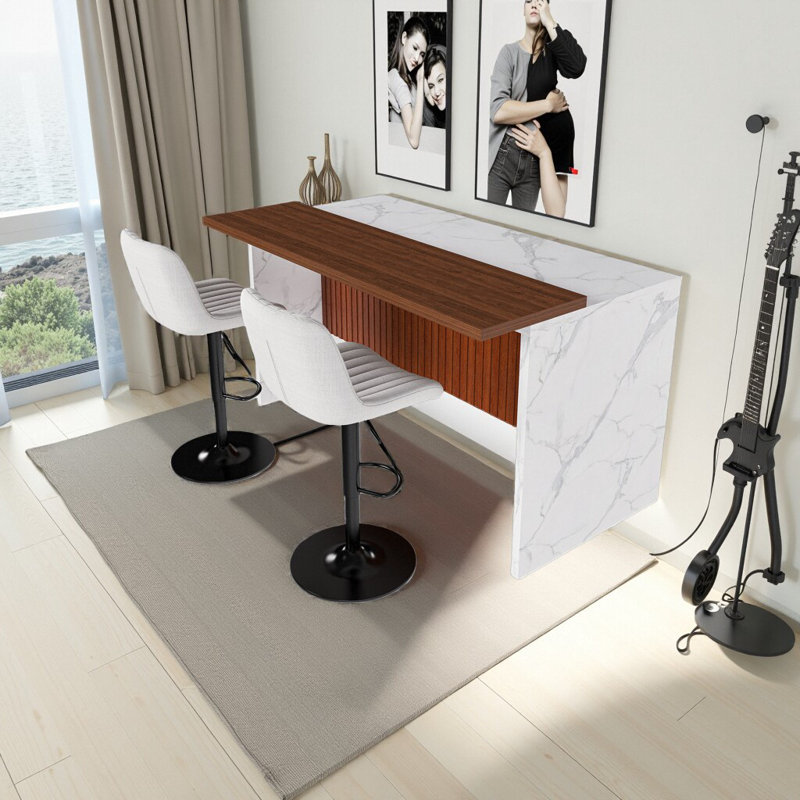 Ensemble d'îlot de cuisine 63 pouces avec 2 tabourets de bar - surface d'aspect marbre avec éclairage DEL, Table, 2 chaises