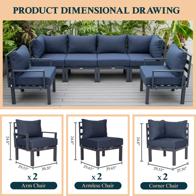 Chelsea 6‑Piece Outdoor Patio Sectional – Powder‑Coated Aluminum U‑Shape Conversation Set with Removable Cushions, Blue