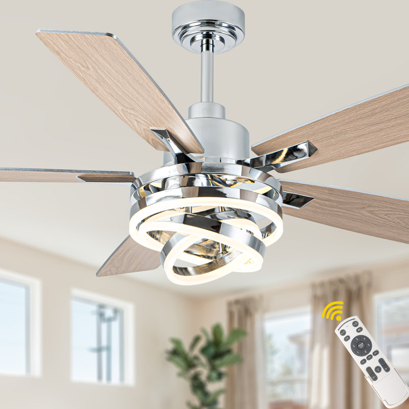 Eustolio 52'' Chrome Modern Ceiling Fan with Light and Remote, Reversible DC Motor, Dimmable LED Light, Chrome