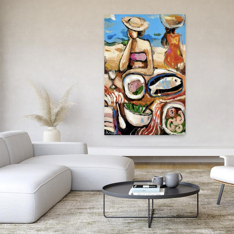 Art contemporain, art contemporain abstrait coloré, plage de poissons, H 60 po x l 40 po