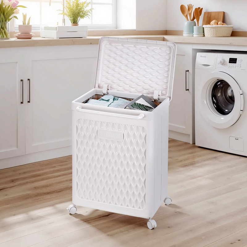 Large Laundry Hamper With Wheels And Lid, Plastic Laundry Basket With Handle, Rolling Laundry Bin For Bedroom, Bathroom, Dorm, Or Laundry Room