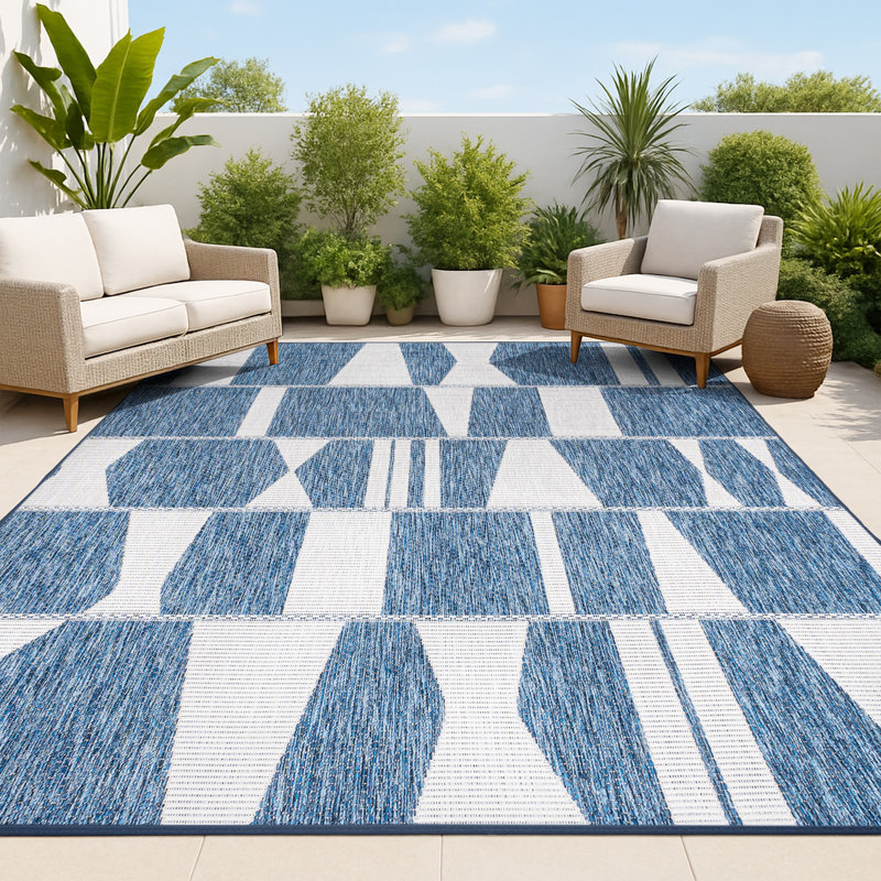 Olesia Modern Geometric Abstract Two-Tone Navy/Cream Indoor/Outdoor Rug, Rectangle 5'3" x 7'7"