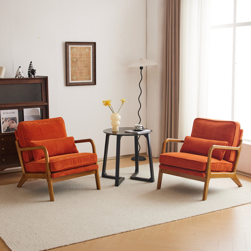 Lemley Solid Wood Upholstered Armchairs , Orange Corduroy