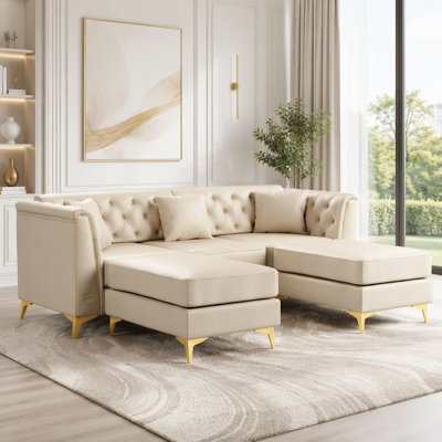 Light Luxury 3-Seater Modular Chesterfield Sofa with Ottoman, Faux Leather and Metal Legs