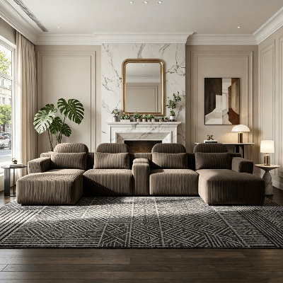Canapé modulaire en velours à compression en U de 145,7 po 4 pièces, canapé modulaire avec méridienne et porte-gobelets pour salon