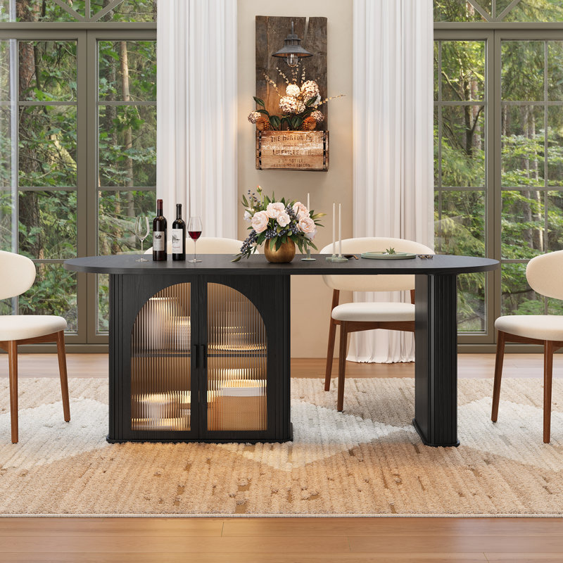 70.8'' Dining Table with Storage Cabinet, Kitchen Table with Wood Strip Base For Kitchen Living Room, Black