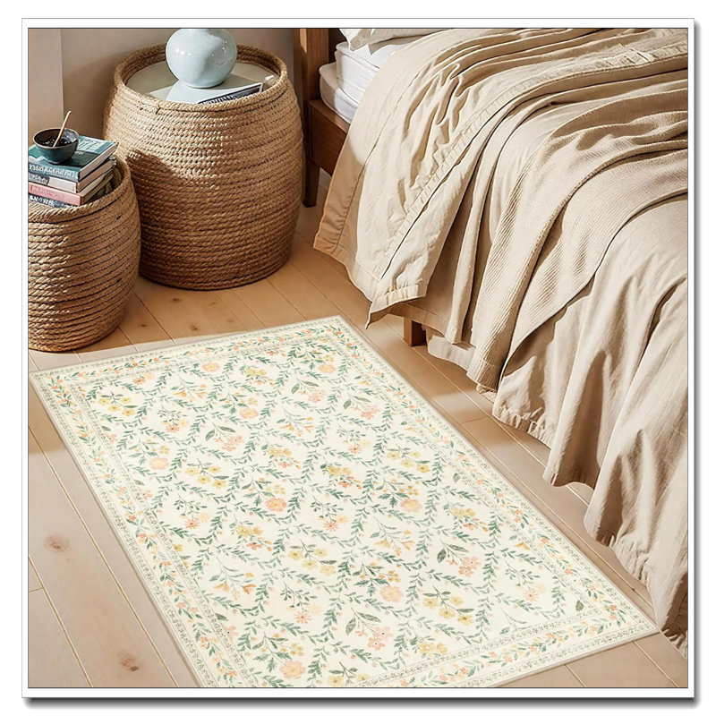 Entryway Rug 2X3 Beige/Multi, Floral Vintage Washable Non-Slip Door Mat, Soft Low Pile Stain Resistant Indoor Throw Rug For Entrance Bedroom Kitchen Laundry Bathroom