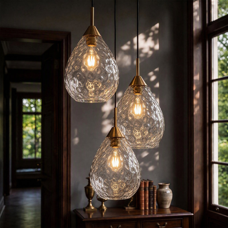 3‑Light Hammered Glass Pendant – Adjustable Height