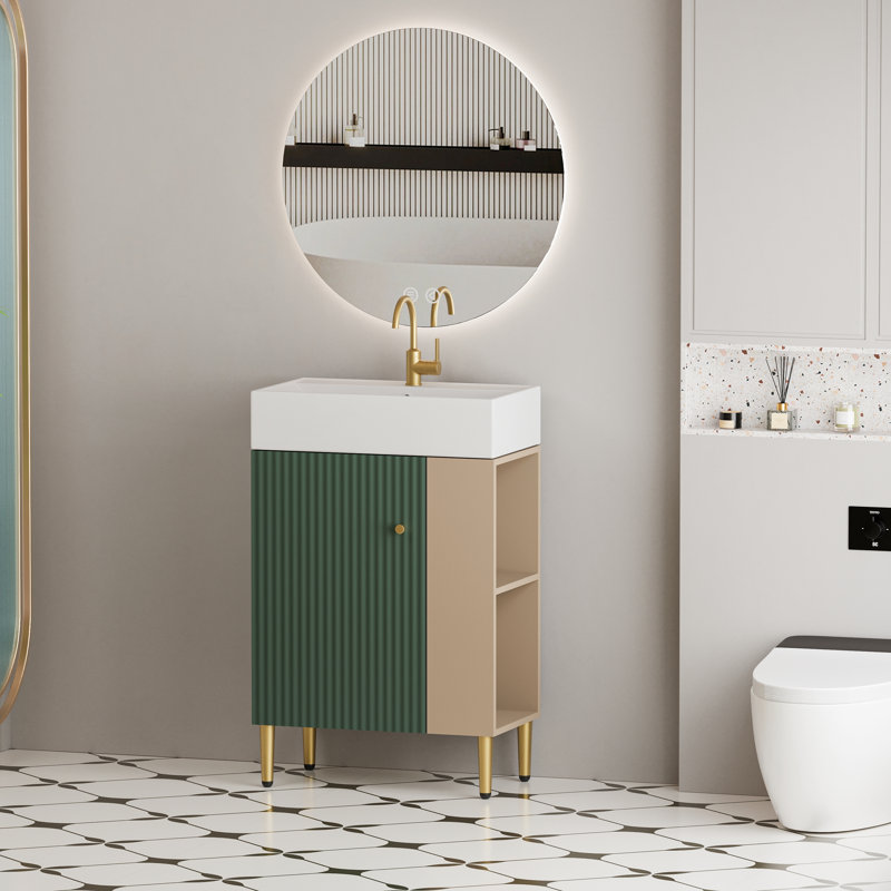 Meuble-lavabo contemporain à tablettes ouvertes de 21,6 po avec lavabo en céramique, porte à fermeture en douceur et rangement à droite, finition verte