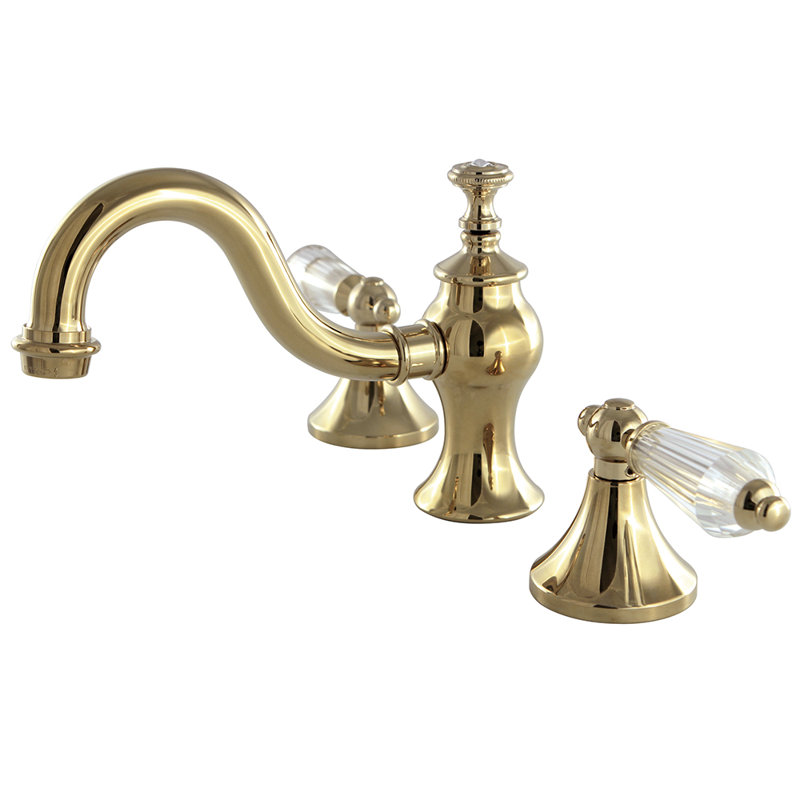 Kingston Brass Wilshire Two-Handle 3-Hole Deck Mount Widespread Bathroom Faucet with Brass Pop-Up Drain, Polished brass