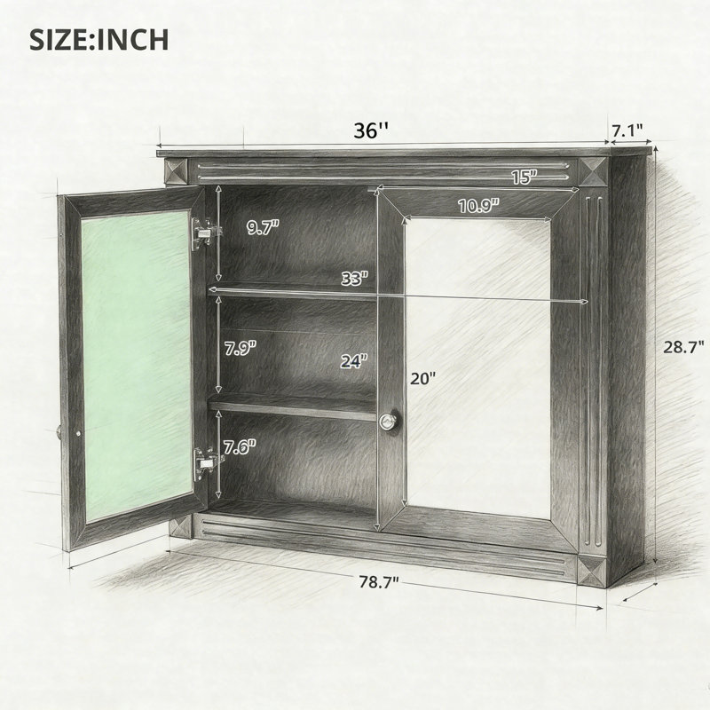 Armoire à pharmacie murale 36 po x 28 po avec 2 miroirs, 2 tablettes réglables, rangement moderne et armoire à miroir, Noir